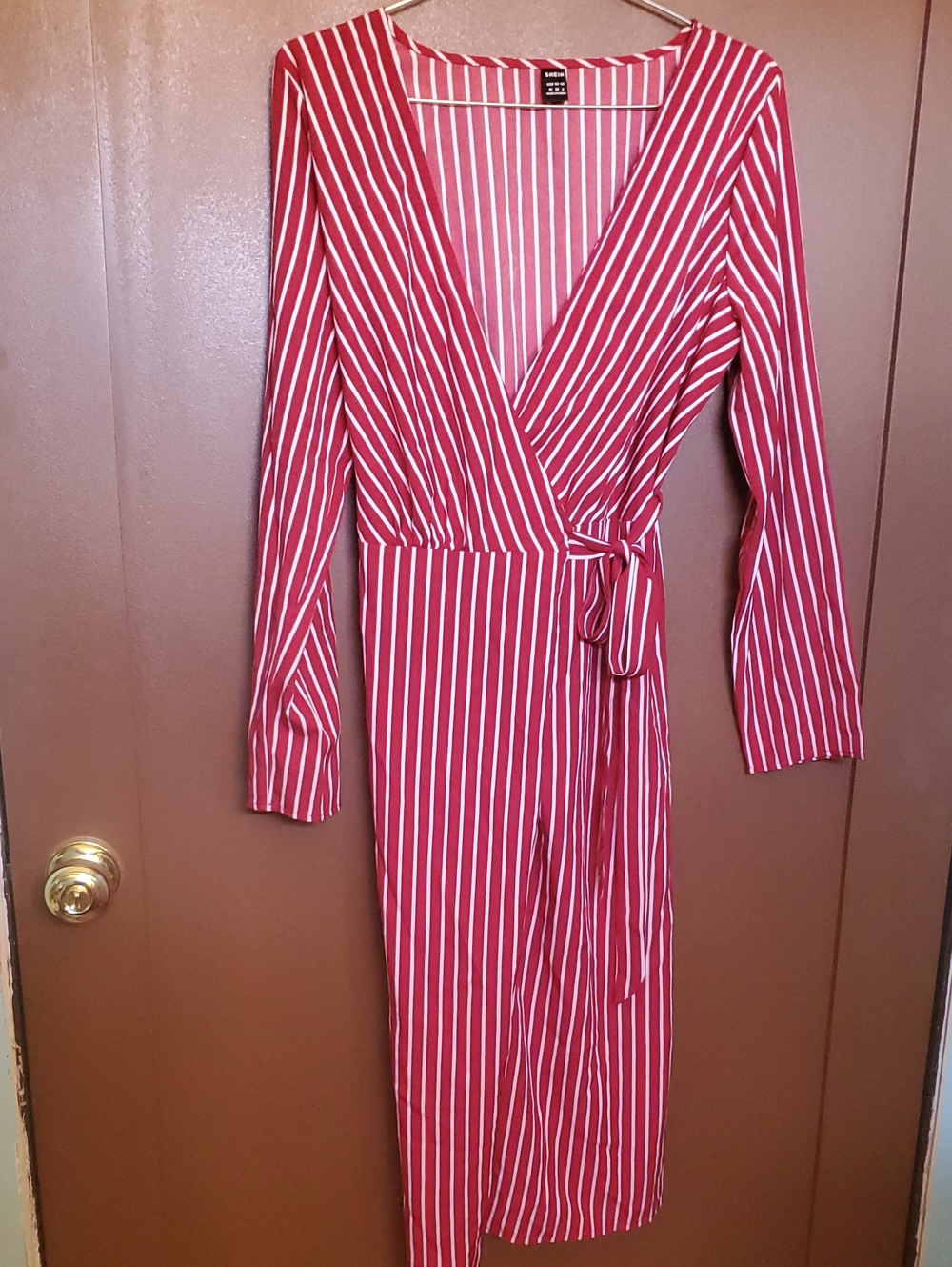 SHEIN Red and White Striped Wrap Midi Dress